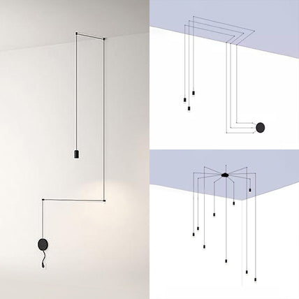Contemporary Metal Ceiling Pendant Light Line Hanging 1/3/9 Black Design For Living Room