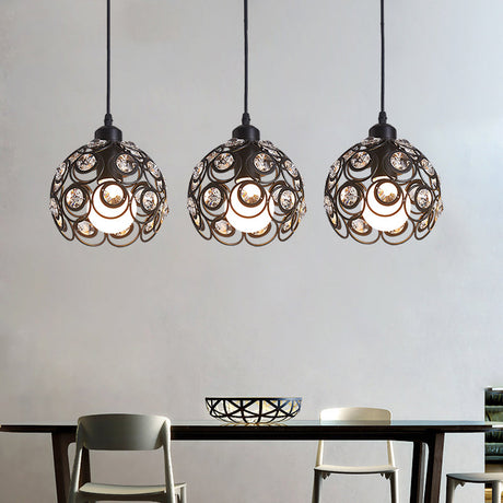 Modern Crystal Dome Metal Cage Pendant Lamp With White/Black Hanging Lights - Round/Linear Canopy