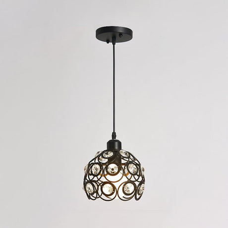 Modern Crystal Dome Metal Cage Pendant Lamp With White/Black Hanging Lights - Round/Linear Canopy