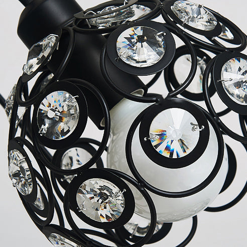 Modern Crystal Dome Metal Cage Pendant Lamp With White/Black Hanging Lights - Round/Linear Canopy