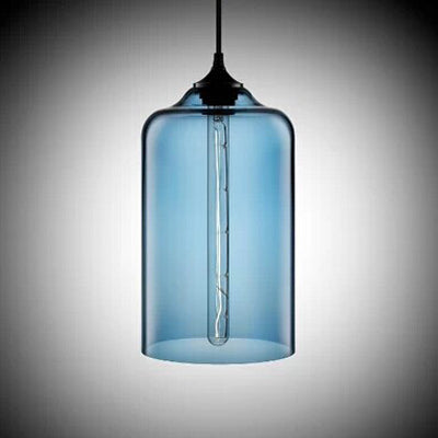 Modern Glass Cylinder Pendant Light - 1 Red/Blue/Clear Hanging Fixture Blue