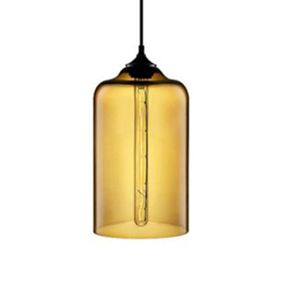 Modern Glass Cylinder Pendant Light - 1 Red/Blue/Clear Hanging Fixture Amber