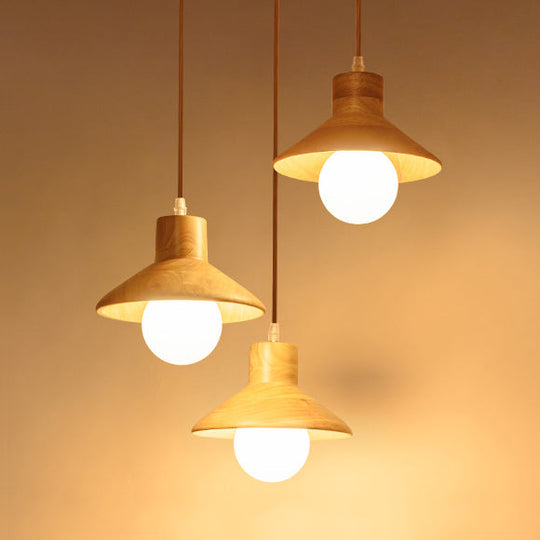 Modern Wooden Pendant Light In Beige For Kid’s Room - Coolie Shade Hanging With Linear/Round Canopy