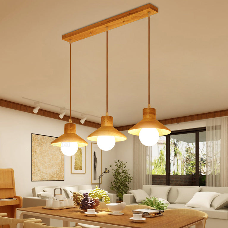 Modern Wooden Pendant Light In Beige For Kid Room - Coolie Shade Hanging With Linear/Round Canopy