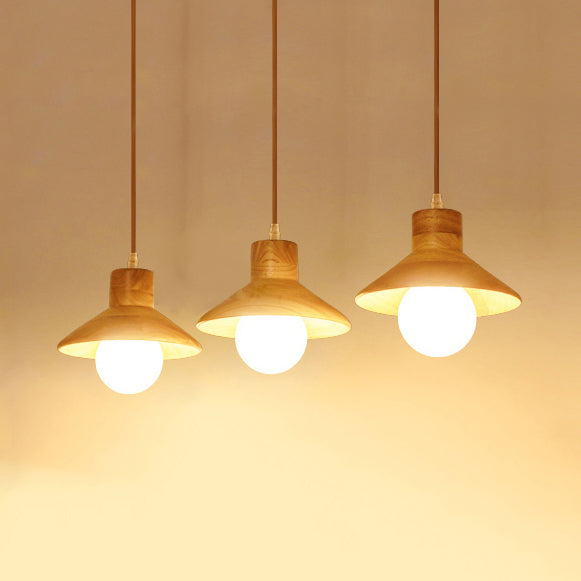 Modern Wooden Pendant Light In Beige For Kid Room - Coolie Shade Hanging With Linear/Round Canopy