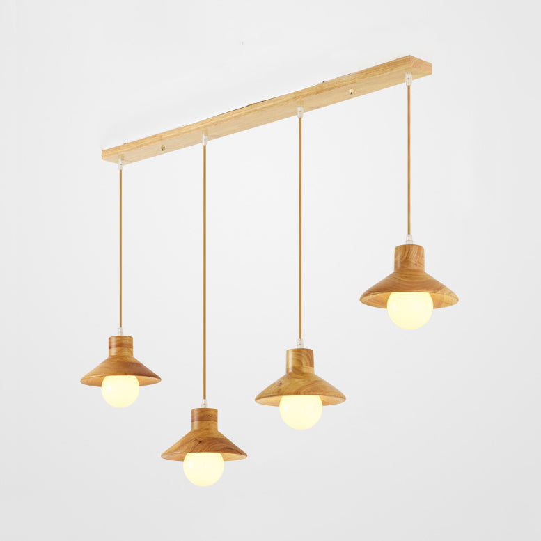 Modern Wooden Pendant Light In Beige For Kid Room - Coolie Shade Hanging With Linear/Round Canopy 4