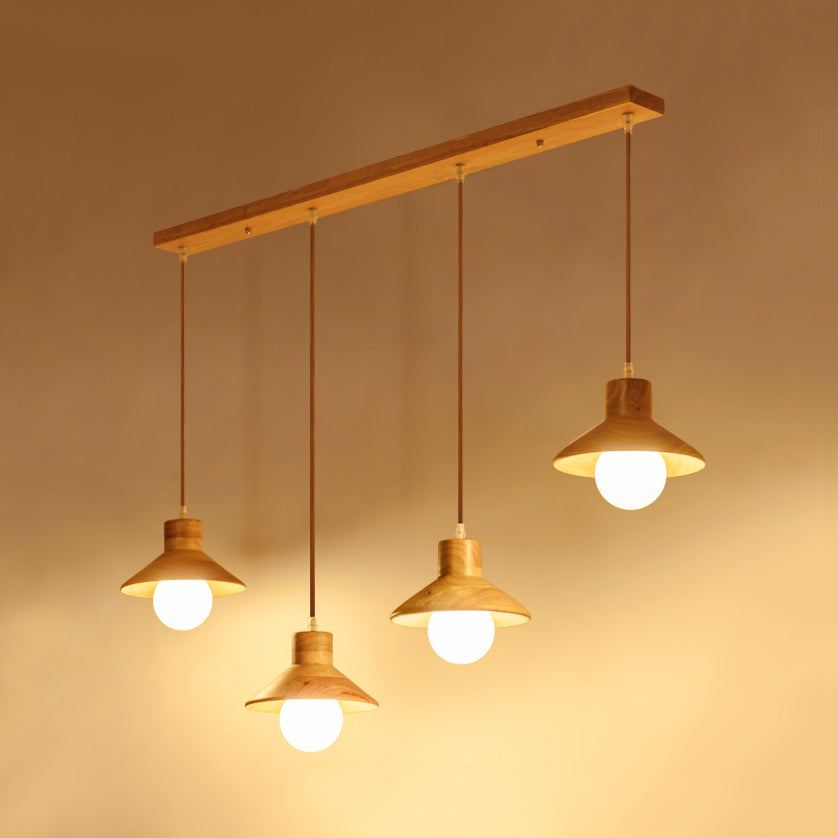 Modern Wooden Pendant Light In Beige For Kid Room - Coolie Shade Hanging With Linear/Round Canopy