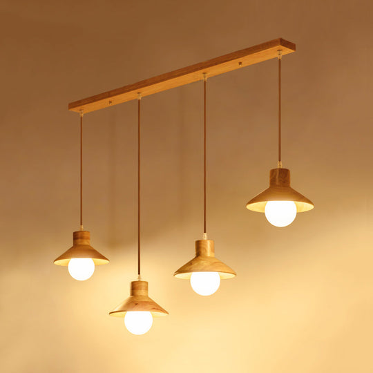 Modern Wooden Pendant Light In Beige For Kid Room - Coolie Shade Hanging With Linear/Round Canopy