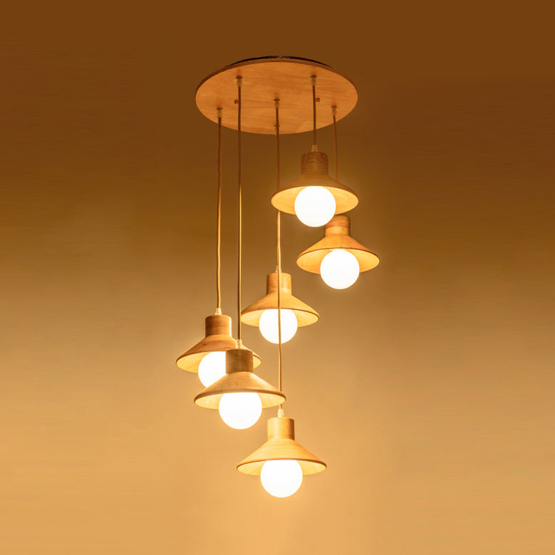 Modern Wooden Pendant Light In Beige For Kid’s Room - Coolie Shade Hanging With Linear/Round Canopy