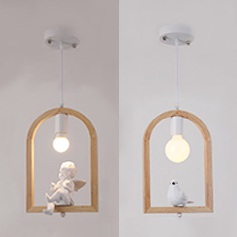Modern Pigeon Deco Wood Pendant Lamp: Arch Shelf Stairway Hanging Light In Beige