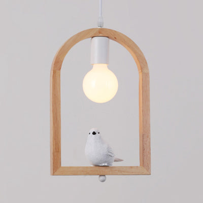 Modern Pigeon Deco Wood Pendant Lamp: Arch Shelf Stairway Hanging Light In Beige / Bird