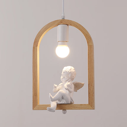 Modern Wood Pendant Lamp With Arch Shelf And Hanging Light In Beige / Angel