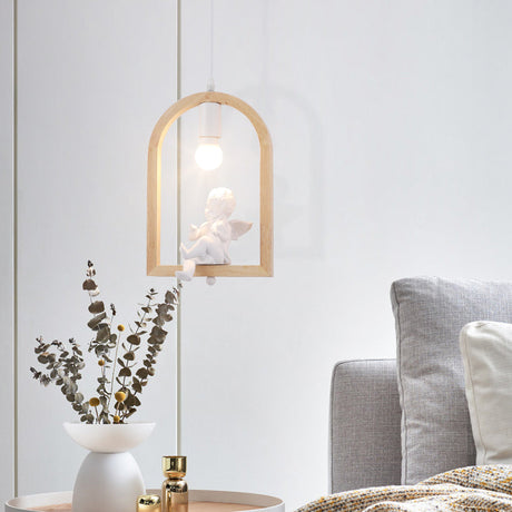 Modern Pigeon Deco Wood Pendant Lamp: Arch Shelf Stairway Hanging Light In Beige