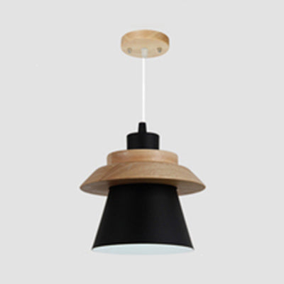 Wooden Asian Style Hanging Pendant Light For Stairways - Coolie Shade With Metal Accents Black