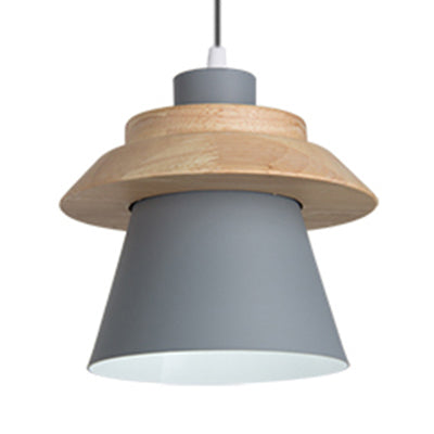 Wooden Asian Style Hanging Pendant Light For Stairways - Coolie Shade With Metal Accents Grey
