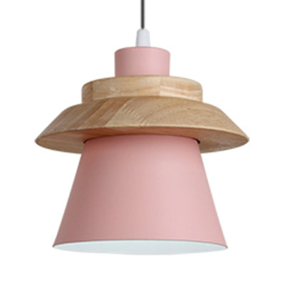 Wooden Asian Style Hanging Pendant Light For Stairways - Coolie Shade With Metal Accents Pink