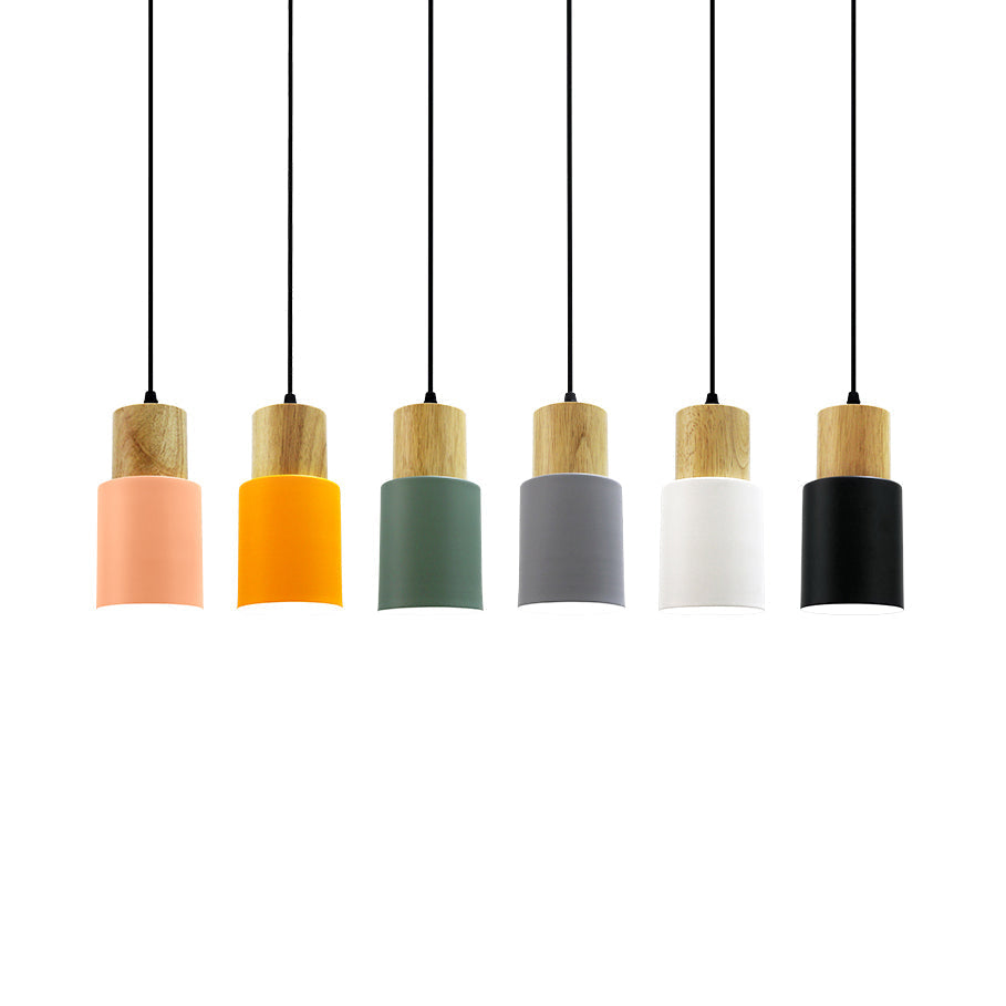 Modern Metal And Wood Pendant Light For Office Or Hallway With 1 Cylindrical Hanging Lamp