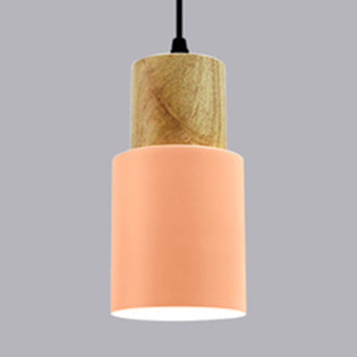 Modern Metal And Wood Hanging Lamp - 1 Light Pendant For Office Hallways Pink