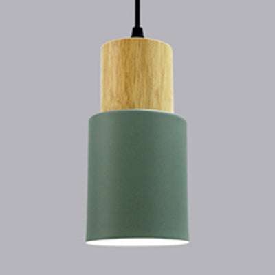 Modern Metal And Wood Pendant Light For Office Or Hallway With 1 Cylindrical Hanging Lamp Green