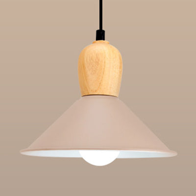 Nordic Style Metal Cone Pendant Light With Wooden Bulb Base For Office - 1 Head Hanging Coffee