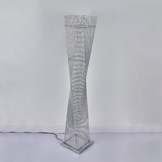 Silver Metal Led Floor Lamp Twisted Cuboid Design For Study Room Décor