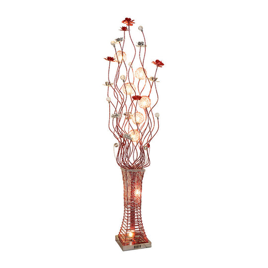 Metallic Red Floret Led Art Decor Floor Lamp With Tree Branch Design