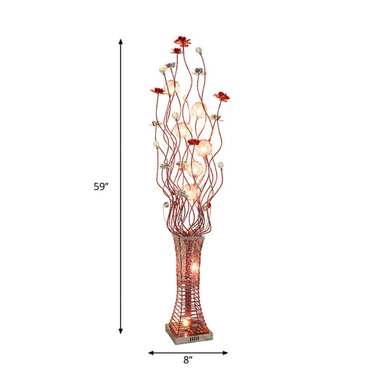 Metallic Red Floret Led Art Decor Floor Lamp With Tree Branch Design