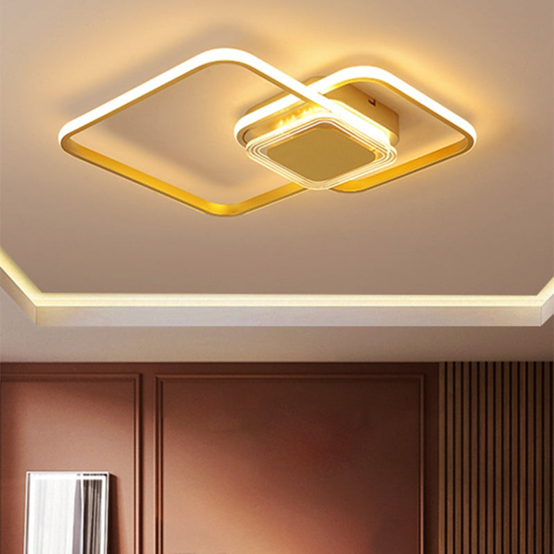 Contemporary Black/Gold Metal Flushmount Led Ceiling Light For Bedroom - 2-Rhombus Frame Design