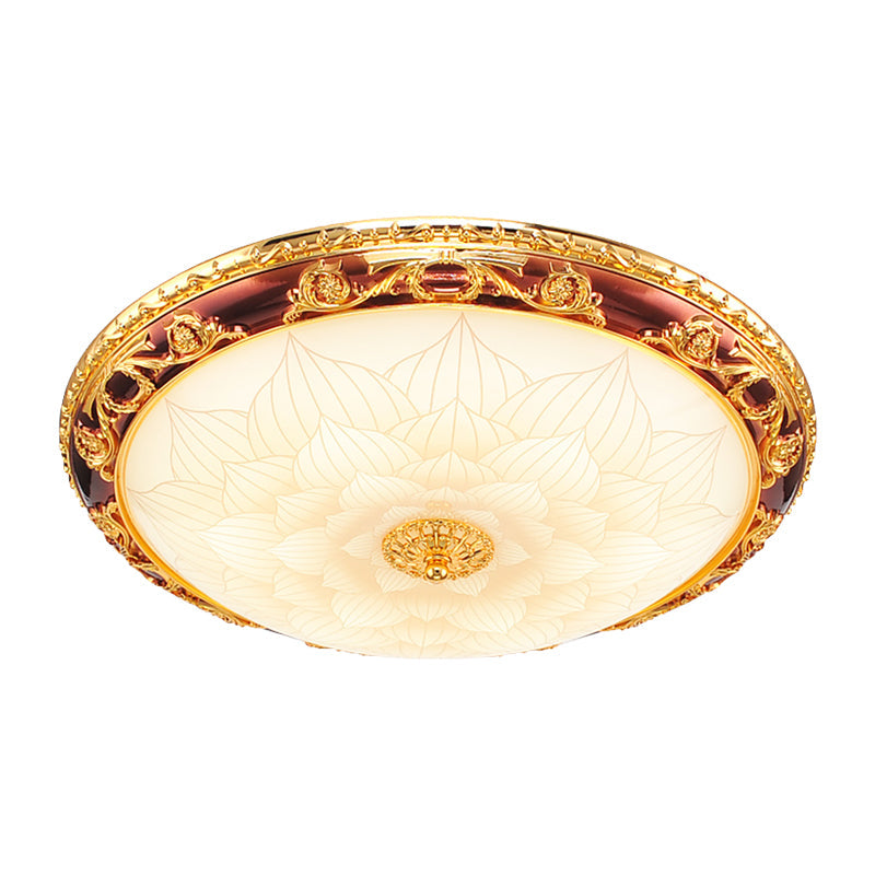 Vintage Gold Led Flush Ceiling Light With Blossom Frosted Glass Bowl - 12.5/15/19 Width