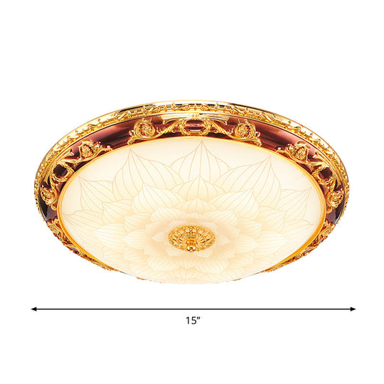 Vintage Gold Led Flush Ceiling Light With Blossom Frosted Glass Bowl - 12.5/15/19 Width