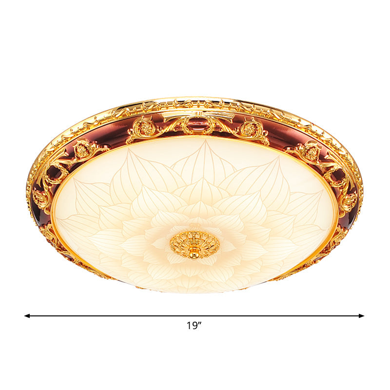 Vintage Gold Led Flush Ceiling Light With Blossom Frosted Glass Bowl - 12.5/15/19 Width