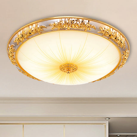 Antique Opal Glass Flush Mount Ceiling Light With Embossed Rose Trim Gold / 12.5