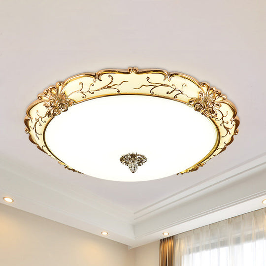 Vintage Brass Scroll Floral Trim Opal Glass Flushmount Led Ceiling Light For Bedroom - 14/16/19.5