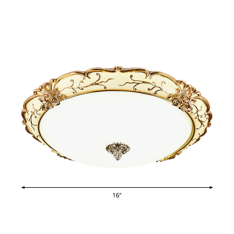 Vintage Brass Scroll Floral Trim Opal Glass Flushmount Led Ceiling Light For Bedroom - 14/16/19.5