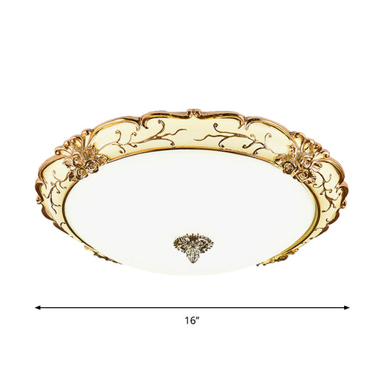 Vintage Brass Scroll Floral Trim Opal Glass Flushmount Led Ceiling Light For Bedroom - 14/16/19.5