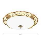 Vintage Brass Scroll Floral Trim Opal Glass Flushmount Led Ceiling Light For Bedroom - 14/16/19.5
