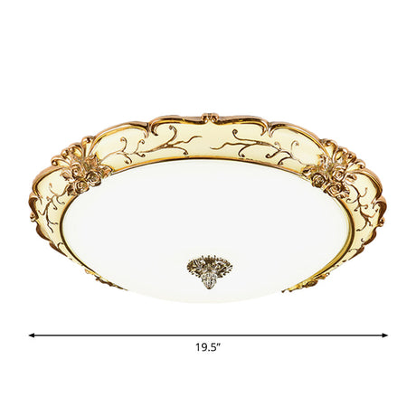 Vintage Brass Scroll Floral Trim Opal Glass Flushmount Led Ceiling Light For Bedroom - 14/16/19.5