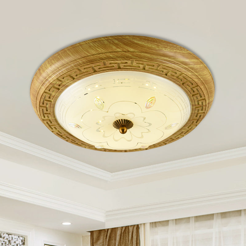 Simple Wooden Led Flushmount Ceiling Light With Dome Glass Shade - Yellow-Brown Circle 14/19.5 W /