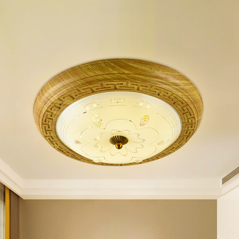 Simple Wooden Led Flushmount Ceiling Light With Dome Glass Shade - Yellow - Brown Circle 14’/19.5’ W