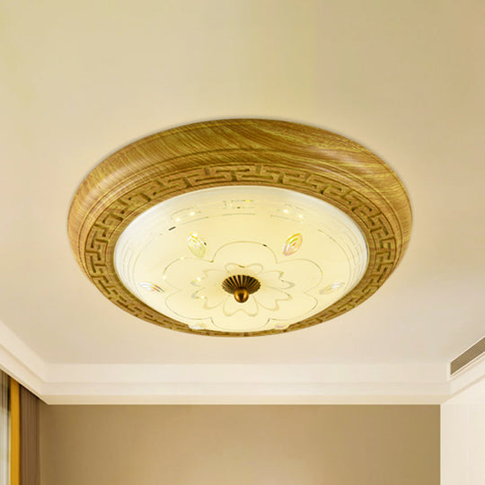 Simple Wooden Led Flushmount Ceiling Light With Dome Glass Shade - Yellow - Brown Circle 14’/19.5’ W