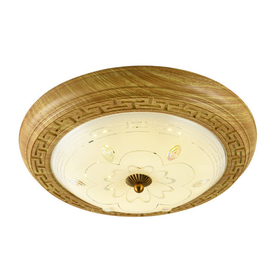 Simple Wooden Led Flushmount Ceiling Light With Dome Glass Shade - Yellow-Brown Circle 14/19.5 W