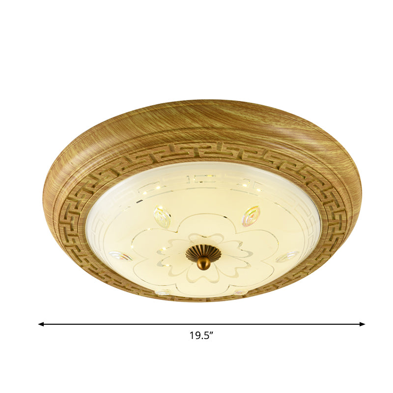 Simple Wooden Led Flushmount Ceiling Light With Dome Glass Shade - Yellow - Brown Circle 14’/19.5’ W
