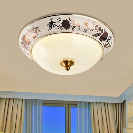 Retro Frosted Glass Led Ceiling Fixture - Hemisphere Hall White Flush Mount Light 12/14/18 Width /