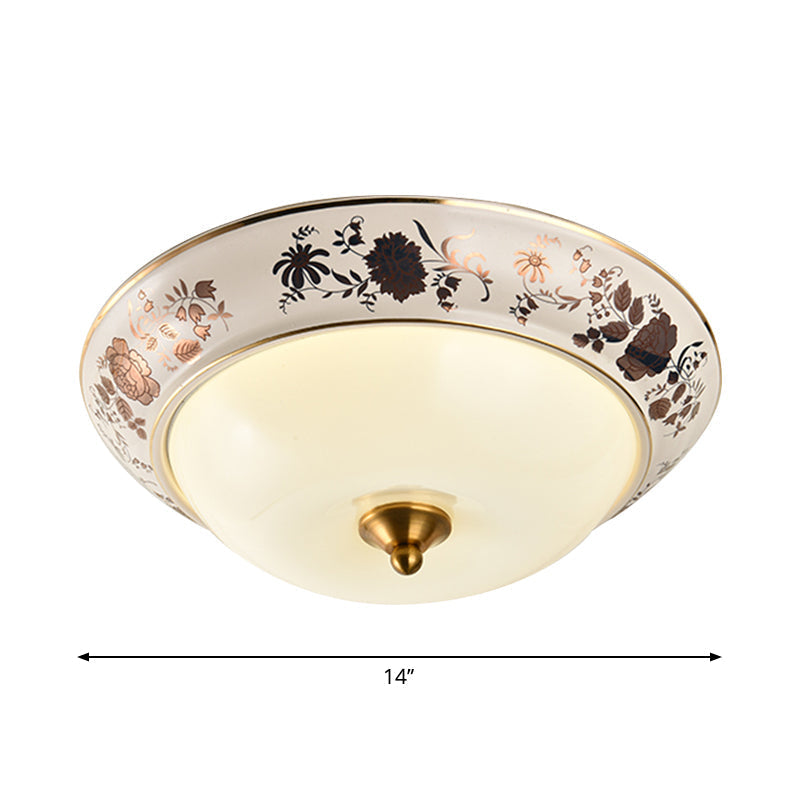 Retro Frosted Glass Led Ceiling Fixture - Hemisphere Hall White Flush Mount Light 12’/14’/18’ Width