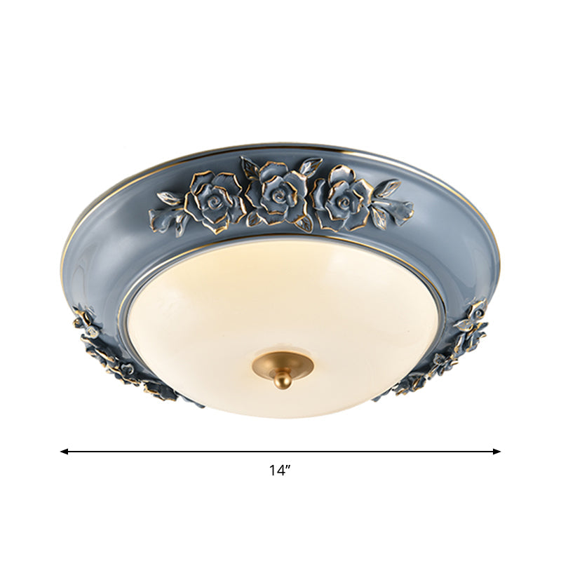Ceramic Carved Rose Led Ceiling Lamp In Blue With White Glass Shade - Available 12’/14’/18’