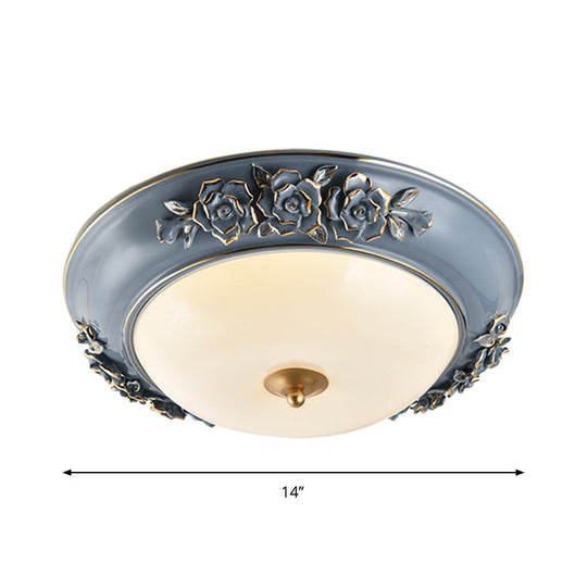 Ceramic Carved Rose Led Ceiling Lamp In Blue With White Glass Shade - Available 12’/14’/18’