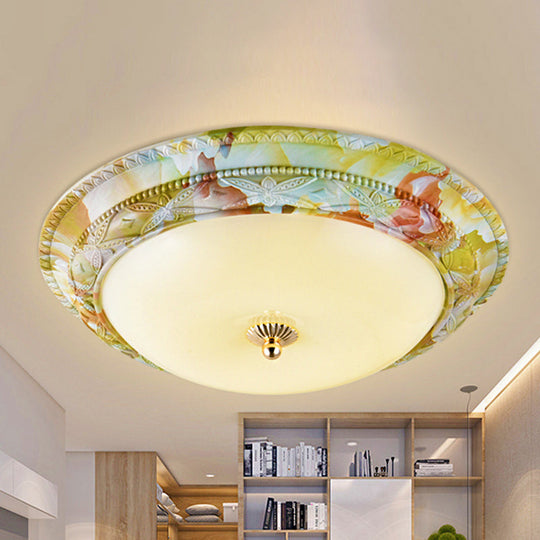 Rustic Opal Glass Tiered Ceiling Lamp - Led Flush Mount Light Fixture In White - Green For Living