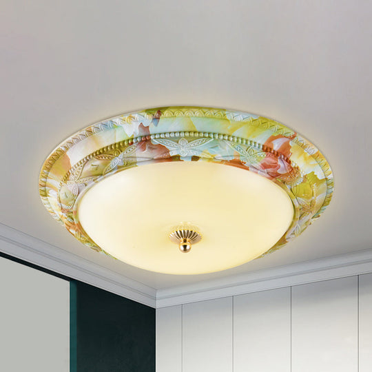 Rustic Opal Glass Tiered Ceiling Lamp - Led Flush Mount Light Fixture In White - Green For Living