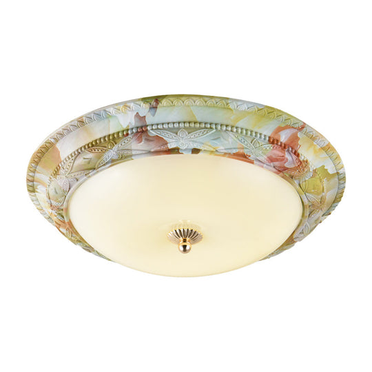 Rustic Opal Glass Tiered Ceiling Lamp - Led Flush Mount Light Fixture In White - Green For Living