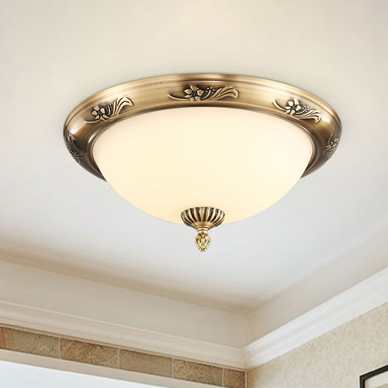 Hemisphere Flush Ceiling Light Brass Finish 2 - Bulb Milky Glass Office Lighting 13’/15’/19.5’ Dia